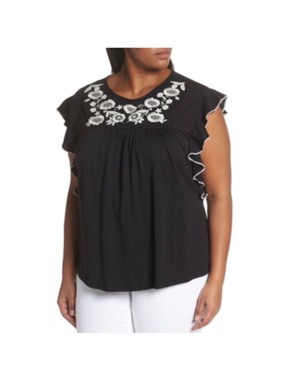 Caslon Embroidered Flutter Sleeve Black & White Flowy Top, size 2X